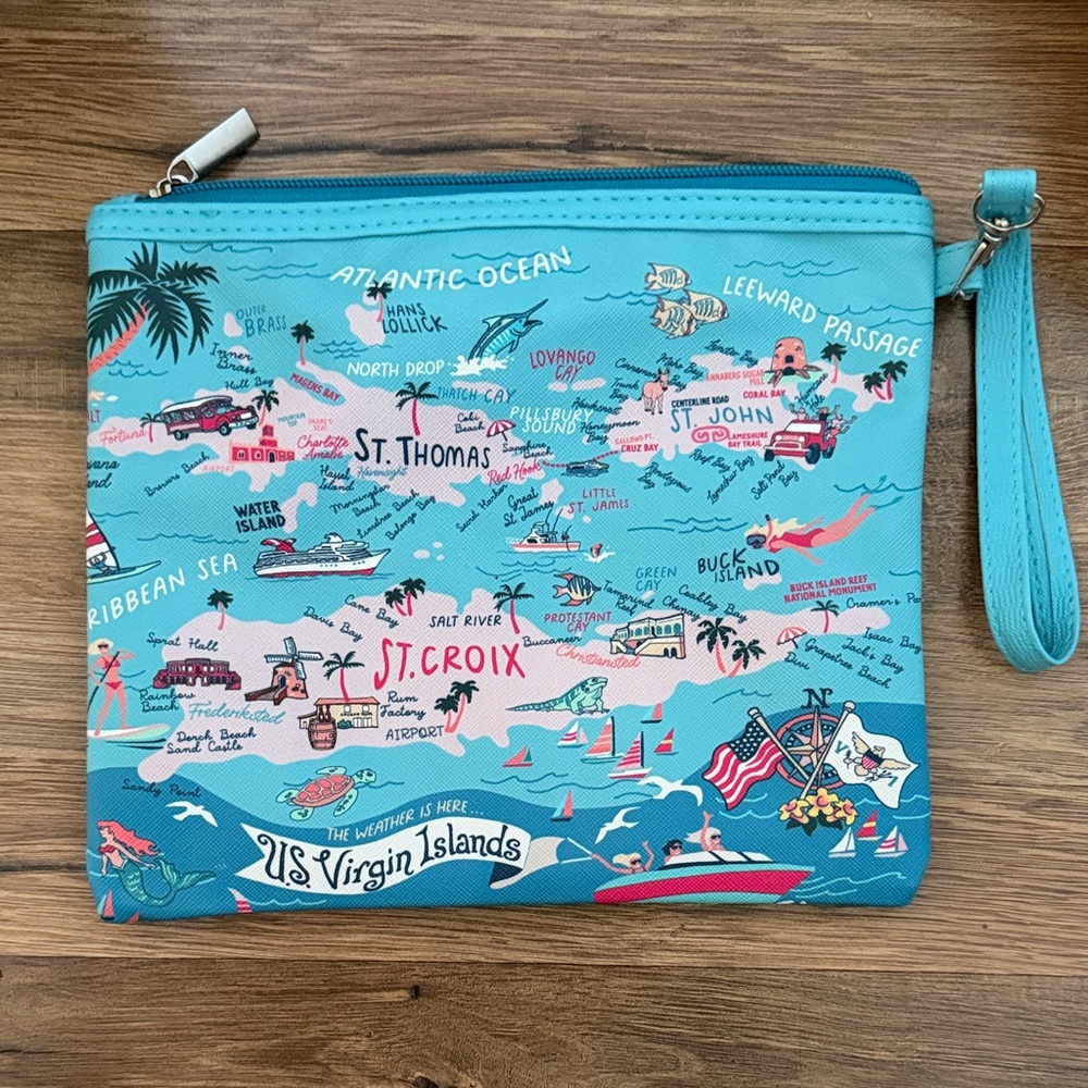 US Virgin Islands Map Wristlet Pouch - Turquoise Travel Clutch